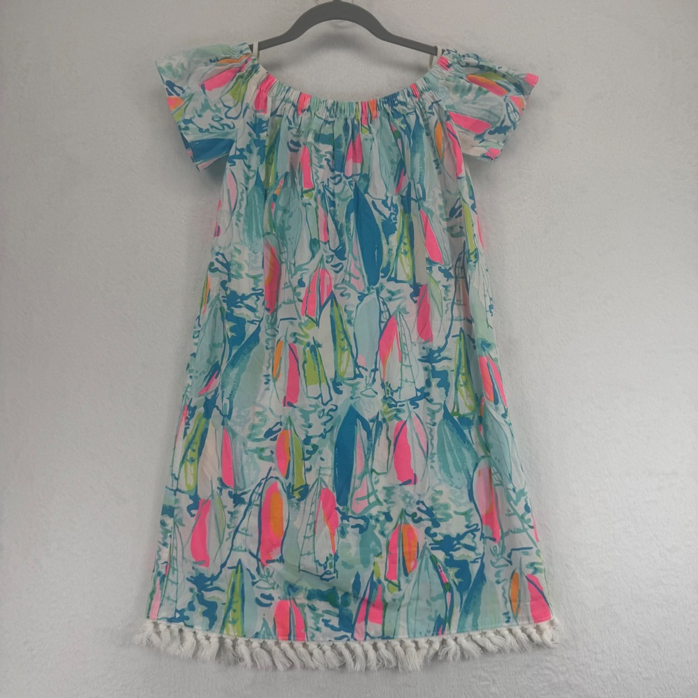 Lilly Pulitzer XXS‎ Sailboat Print Off Shoulder Tassel Trim Dress Women's